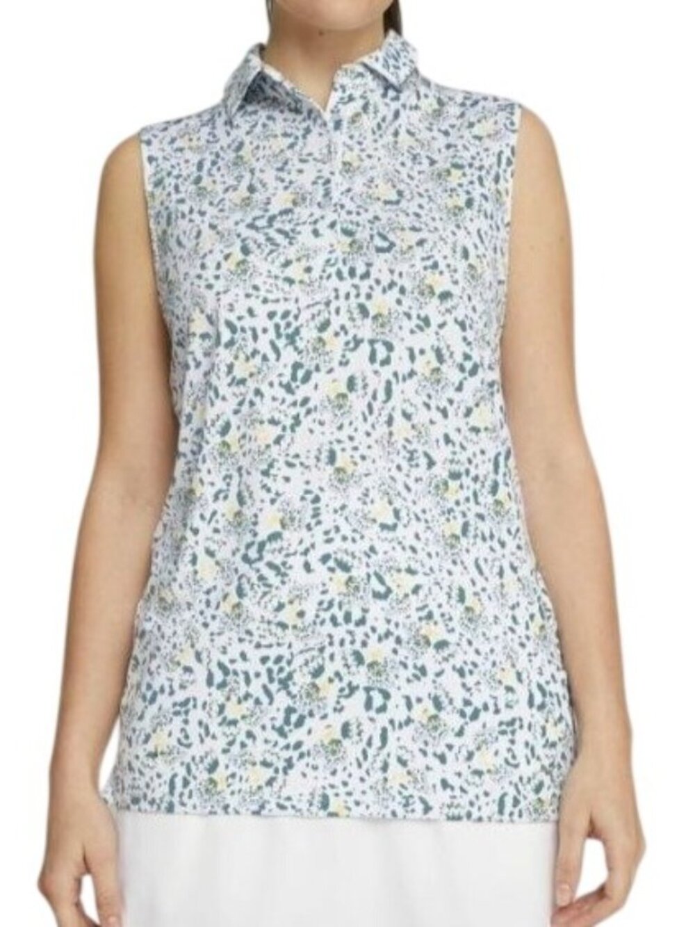 Puma Sleeveless Golf Polo Shirt Womens Large Green Yellow Leopard Print Summer